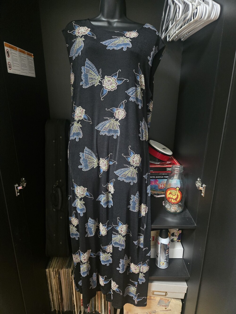 Vintage 90s Fashion Jouly Black Butterfly & Floral Knit Maxi Dress